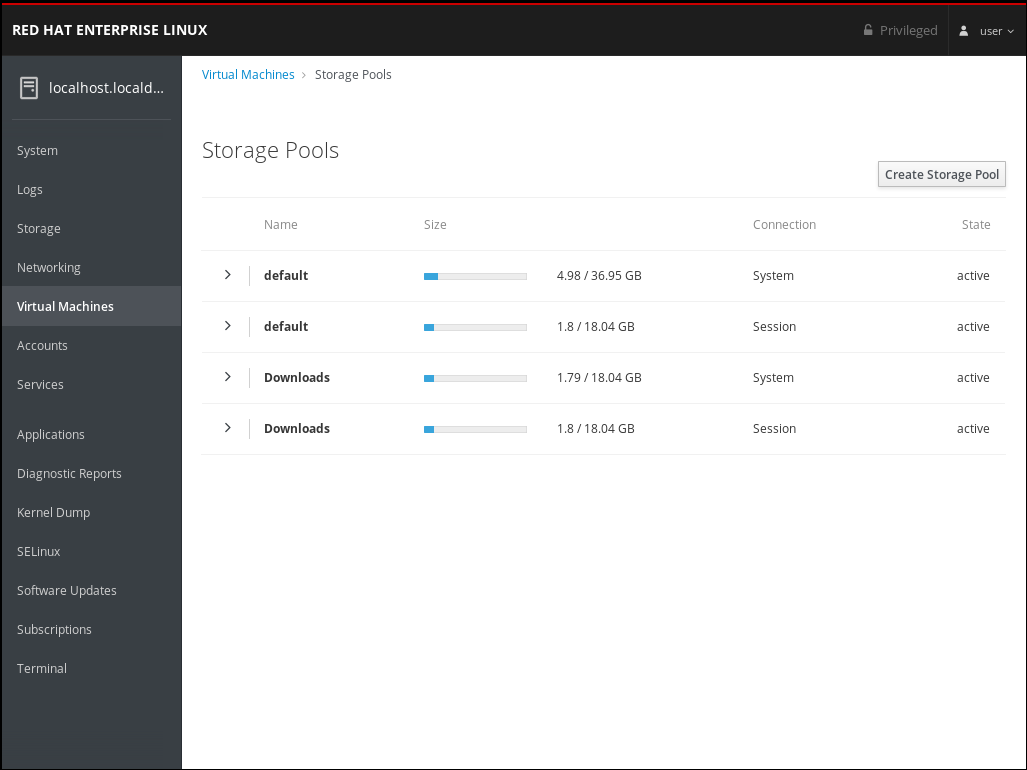 web console storage pools window